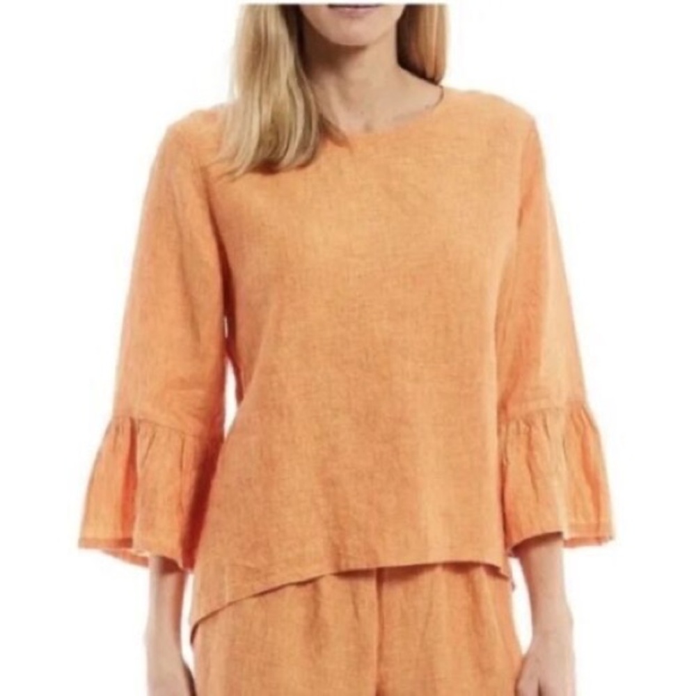Bryn Walker 100% Linen Fran Bell Sleeve Lagenlook Tunic Top Orange Mango
